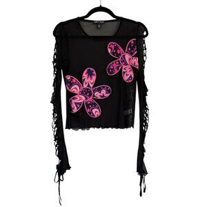 Dolls Kill Current Mood Earthly Elements Trippy Floral Mesh Lace Up Top Large